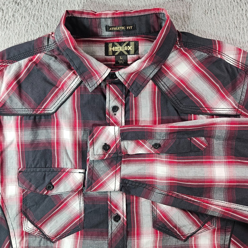 Helix Western Shirt Men Large Athletic Fit Button Up Long Sleeve Red Black Plaid